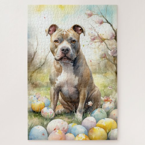 Pitbull Dog with Easter Eggs Holiday Jigsaw Puzzle