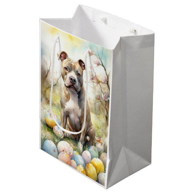 Pitbull Dog with Easter Eggs Holiday Medium Gift Bag (Front Angled)