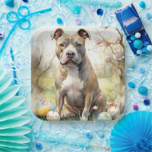 Pitbull Dog with Easter Eggs Holiday Paper Plates (Party)