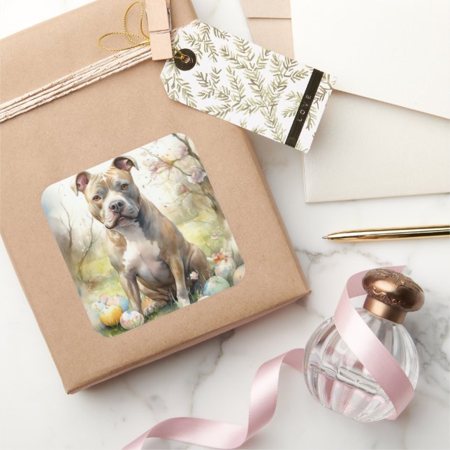 Pitbull Dog with Easter Eggs Holiday Square Sticker (Gifting)