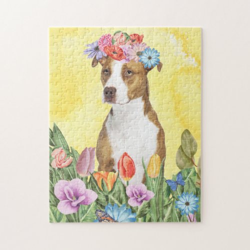 Pitbull Dog with Flowers Spring Jigsaw Puzzle