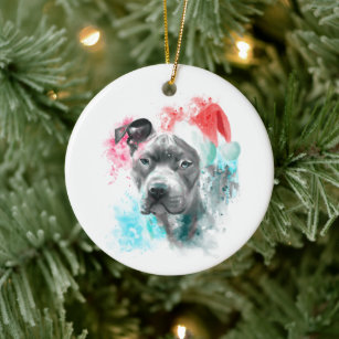 Pitbull Dog with Santa Hat Ceramic Ornament