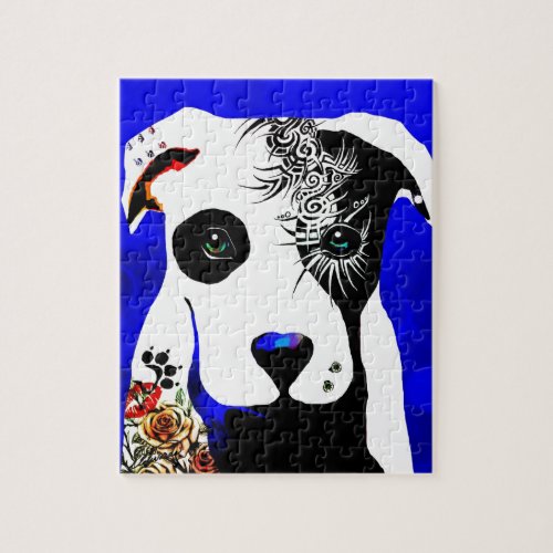 Pitbull dog with tattoos and piercings jigsaw puzzle