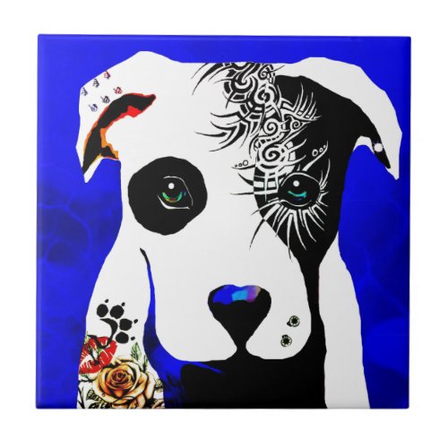 Pitbull dog with tattoos and piercings tile