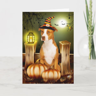 Pitbull Dog with Witch Hat Halloween Card