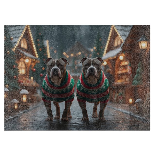 Pitbull Dogs Christmas Snow Holiday Cutting Board (Front)