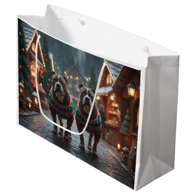 Pitbull Dogs Christmas Snow Holiday Large Gift Bag (Front Angled)