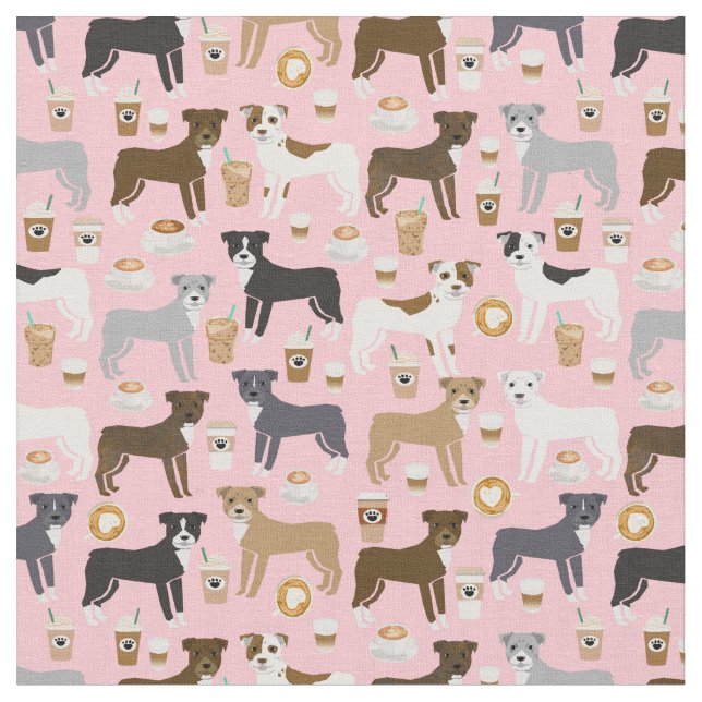 Pitbull dogs coffee lover pink fabric (Close Up)