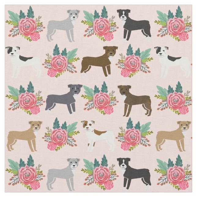 Pitbull Dogs pink florals Fabric (Close Up)