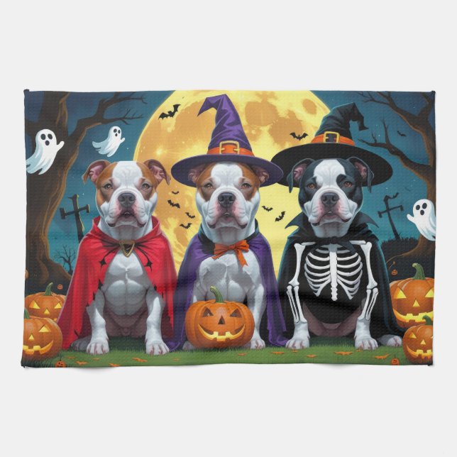 Pitbull Dogs Pumpkin Halloween Funny Kitchen Towel (Horizontal)
