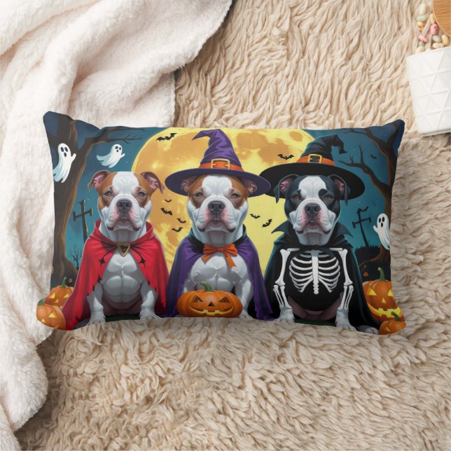 Pitbull Dogs Pumpkin Halloween Funny Lumbar Pillow (Blanket)