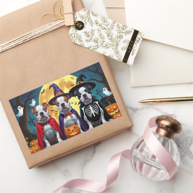 Pitbull Dogs Pumpkin Halloween Funny Rectangular Sticker (Gifting)