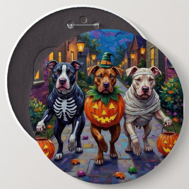 Pitbull Dogs Trick-or-Treating  Halloween Costumes Button (Front & Back)