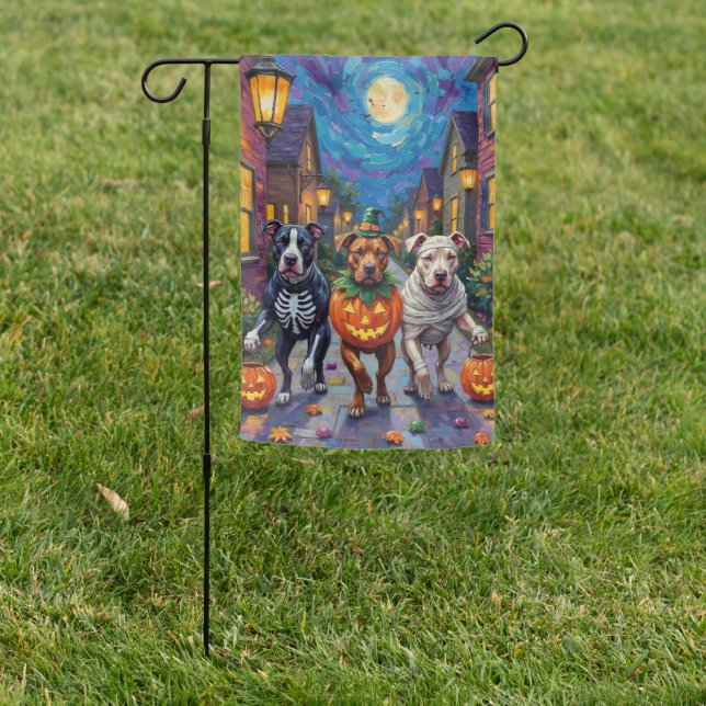 Pitbull Dogs Trick-or-Treating  Halloween Costumes Garden Flag (In SItu)