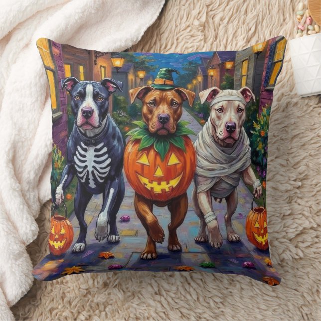 Pitbull Dogs Trick-or-Treating  Halloween Costumes Throw Pillow (Blanket)