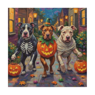 Pitbull Dogs Trick-or-Treating Halloween Costumes Wood Wall Art