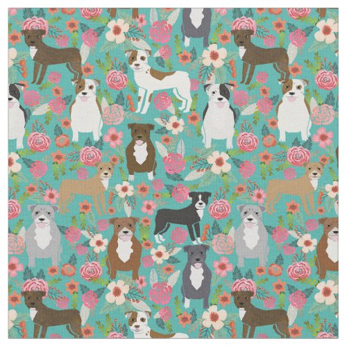 Pitbull dogs vintage florals turquoise fabric