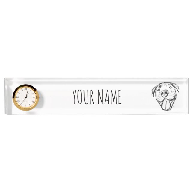 pitbull drawing simple dog lovers black white desk name plate (Front)