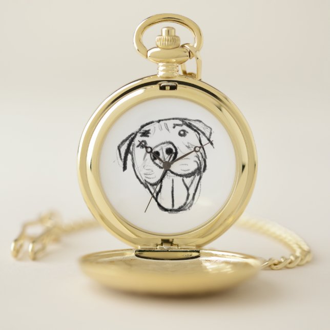 pitbull drawing simple dog lovers black white pocket watch (Inside)