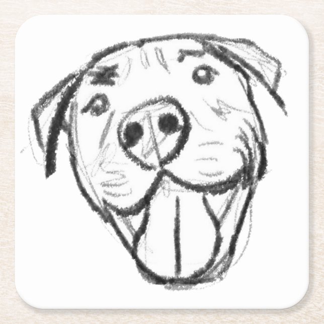 pitbull drawing simple dog lovers black white square paper coaster (Front)