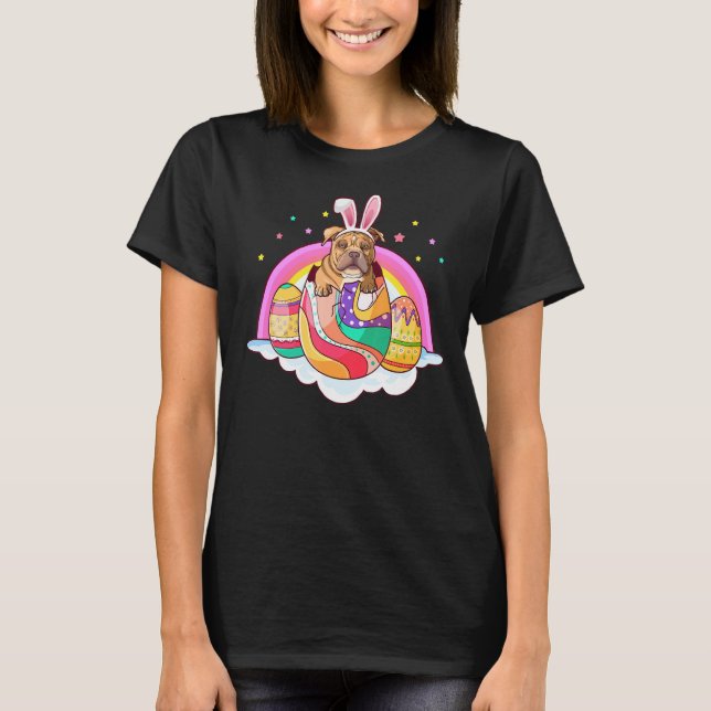 Pitbull Easter Bunny Dog  Eggs Rainbow Funny T-Shirt (Front)