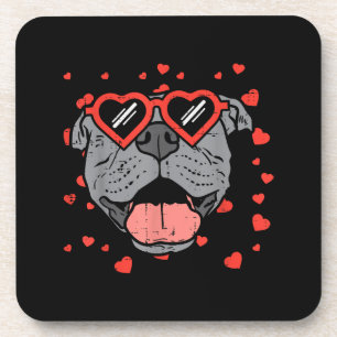 Pitbull Face Heart Glasses Valentines Day Pet Dog Beverage Coaster