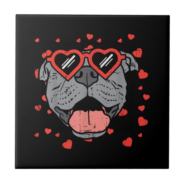 Pitbull Face Heart Glasses Valentines Day Pet Dog  Ceramic Tile (Front)