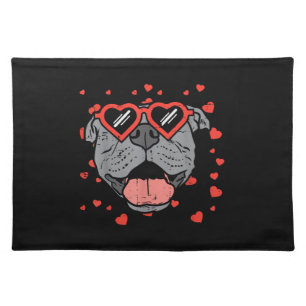 Pitbull Face Heart Glasses Valentines Day Pet Dog Cloth Placemat