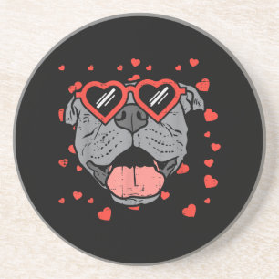 Pitbull Face Heart Glasses Valentines Day Pet Dog Coaster