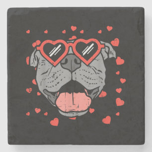 Pitbull Face Heart Glasses Valentines Day Pet Dog Stone Coaster