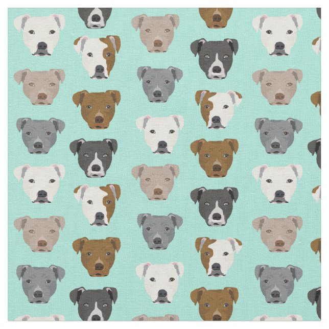 Pitbull faces dog pattern light mint fabric (Close Up)