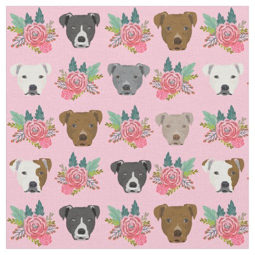 Pitbull faces pink florals fabric