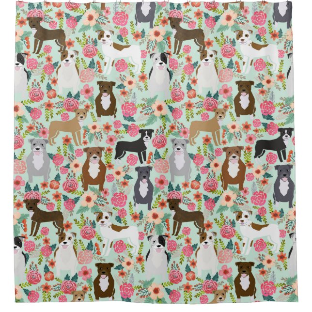 Pitbull Florals Shower Curtain - dog fabric (Front)