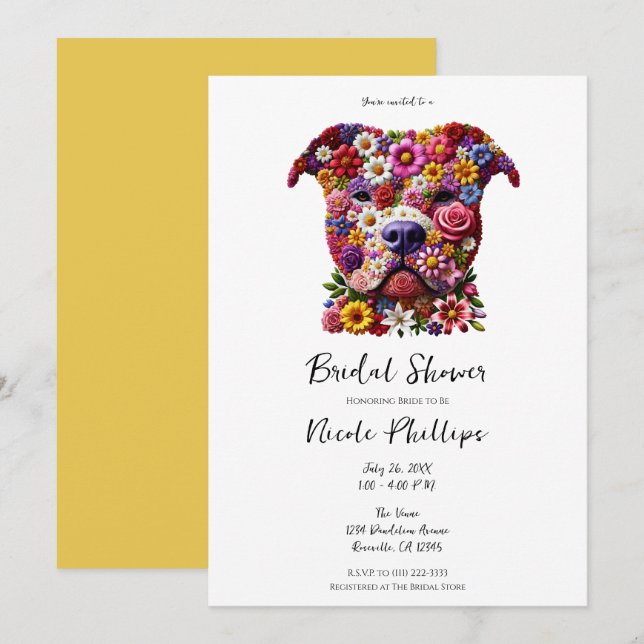 Pitbull Flower Face Dog Lover Bridal Shower  Invitation (Front/Back)