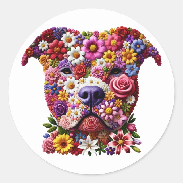 Pitbull Flower Face Dog Lover Classic Round Sticker (Front)