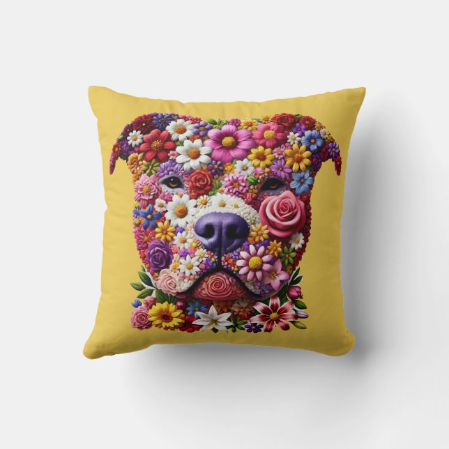 Pitbull Flower Face Dog Lover Throw Pillow (Back)