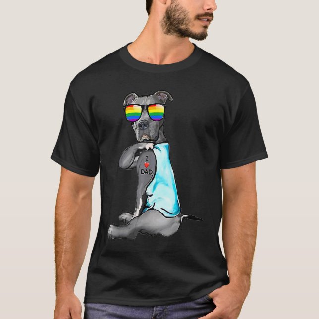 Pitbull Gay LGBT Pride I Love Dad Tattoo Dog Pitbu T-Shirt (Front)