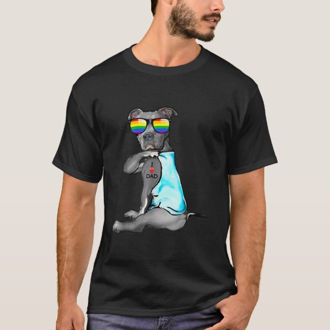 Pitbull Gay LGBT Pride I Love Dad Tattoo Dog  T-Shirt (Front)