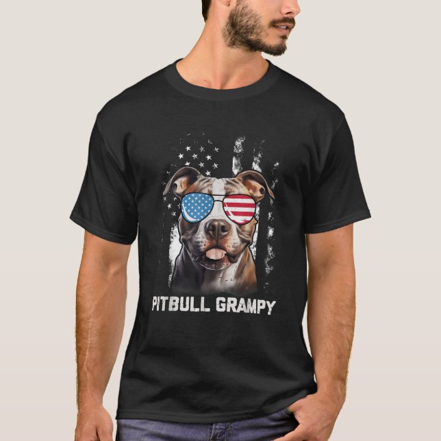 Pitbull Grampy American Flag Sunglasses 4th Of Jul T-Shirt (Front)