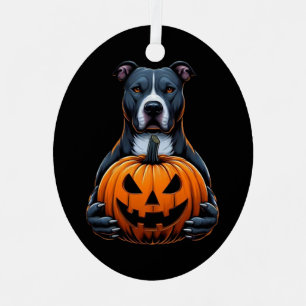 Pitbull Halloween - Holding Jack O Lantern Metal Ornament