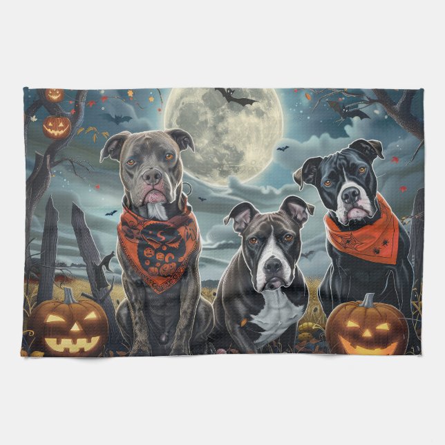 Pitbull Halloween Spooky Kitchen Towel (Horizontal)