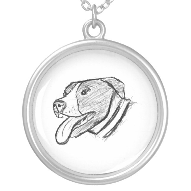 pitbull hand drawn photo dog animal lover poster silver plated necklace (Front)