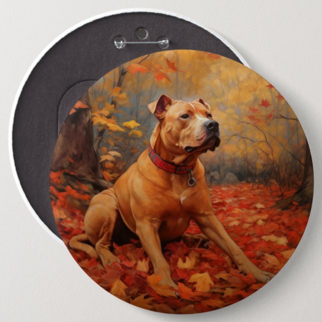 Pitbull in Autumn Leaves Fall Inspire  Button (Front & Back)