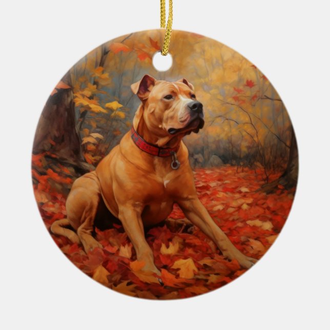 Pitbull in Autumn Leaves Fall Inspire  Ceramic Ornament (Front)