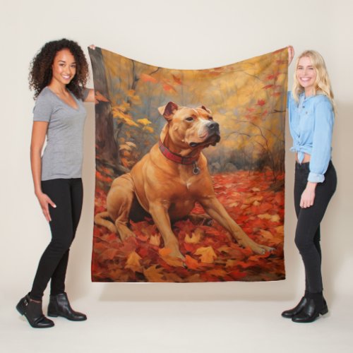 Pitbull in Autumn Leaves Fall Inspire  Fleece Blanket