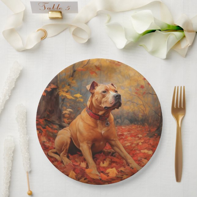 Pitbull in Autumn Leaves Fall Inspire  Paper Plates (Wedding)