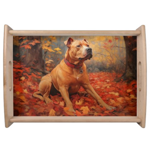 Pitbull in Autumn Leaves Fall Inspire  Serving Tray