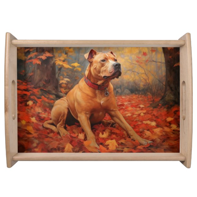 Pitbull in Autumn Leaves Fall Inspire  Serving Tray (Front)