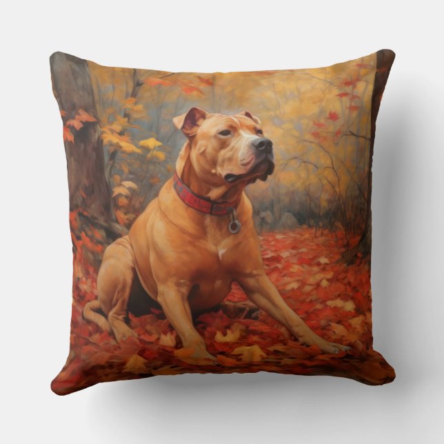 Pitbull in Autumn Leaves Fall Inspire  Throw Pillow (Back)