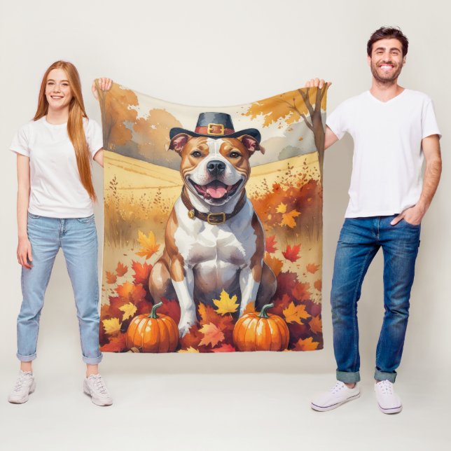 Pitbull In Autumn Leaves Thanksgiving Art Fleece Blanket (In Situ)